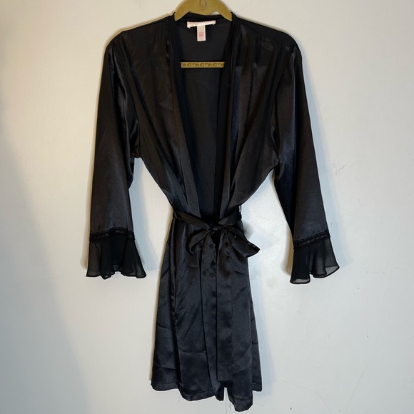 😍OSCAR DE LA RENTA Pink Label Black Ruffle Detail Robe Size Small - Picture 2 of 5